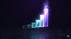 Graphique à barres 3D en cristal éclatant montrant une progression ascendante de la visibilité numérique sur une période de 90 jours.