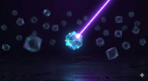 Faisceau lumineux bleu cobalt extrayant une gemme de données d'un bloc de pierre numérique, symbolisant la sélection de contenu par Perplexity et ChatGPT.
