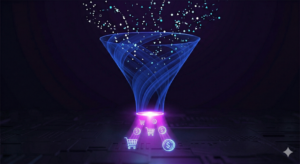 Entonnoir de conversion en néon violet filtrant des flux de données chaotiques pour produire des prospects ultra-qualifiés.