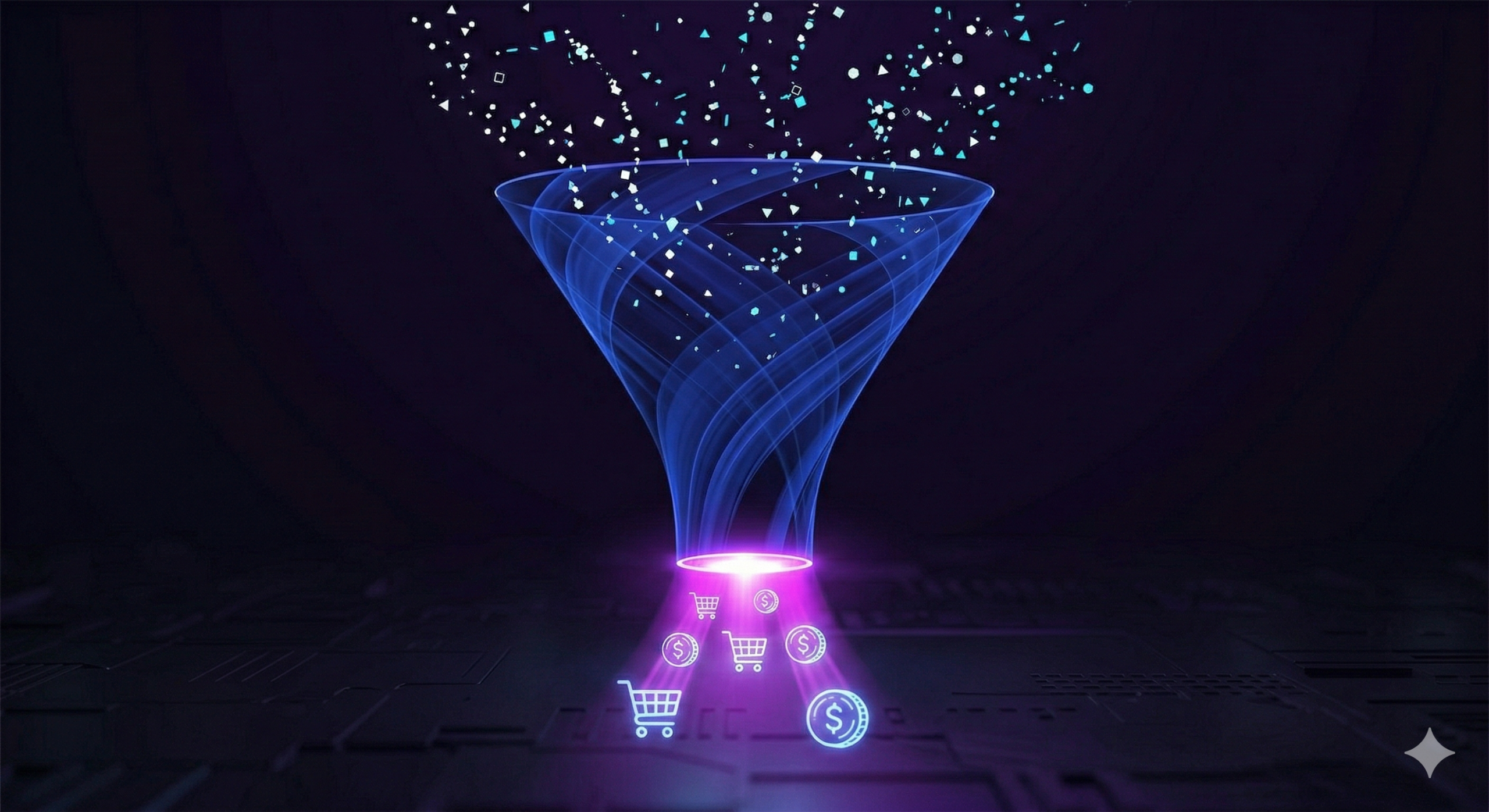 Entonnoir de conversion en néon violet filtrant des flux de données chaotiques pour produire des prospects ultra-qualifiés.