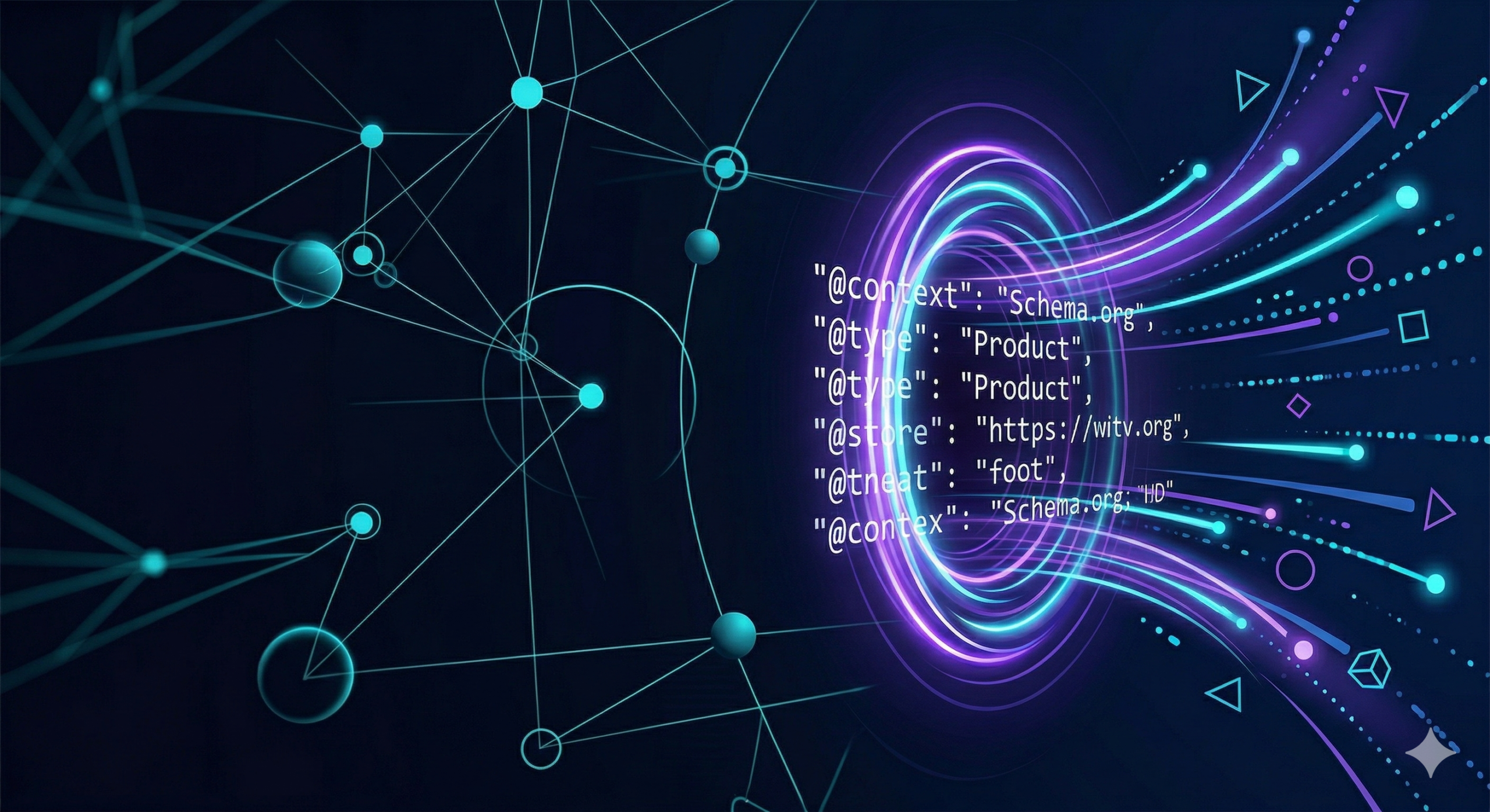 éseau de lignes lumineuses interconnectées formant une structure géométrique complexe représentant le balisage Schema.org et le code JSON-LD.