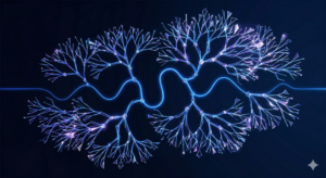 Arbre de décisions complexe et lumineux montrant plusieurs embranchements de questions-réponses pour illustrer la recherche conversationnelle.